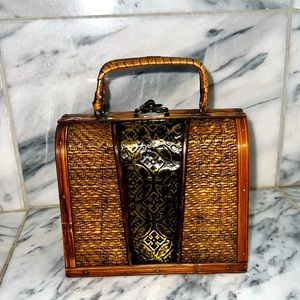 Small light & dark wooden small mini purse clasp bag